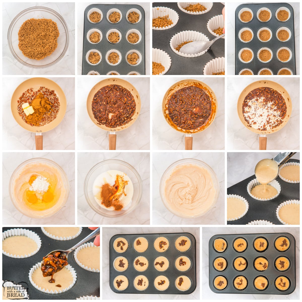 Step by step instructions on making Mini Pecan Pie Cheesecakes.