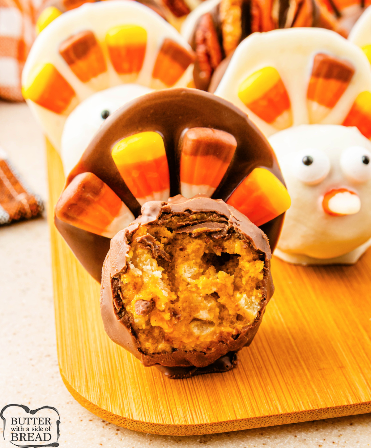Chocolate-coated pumpkin pie balls with candy corn “feathers.”