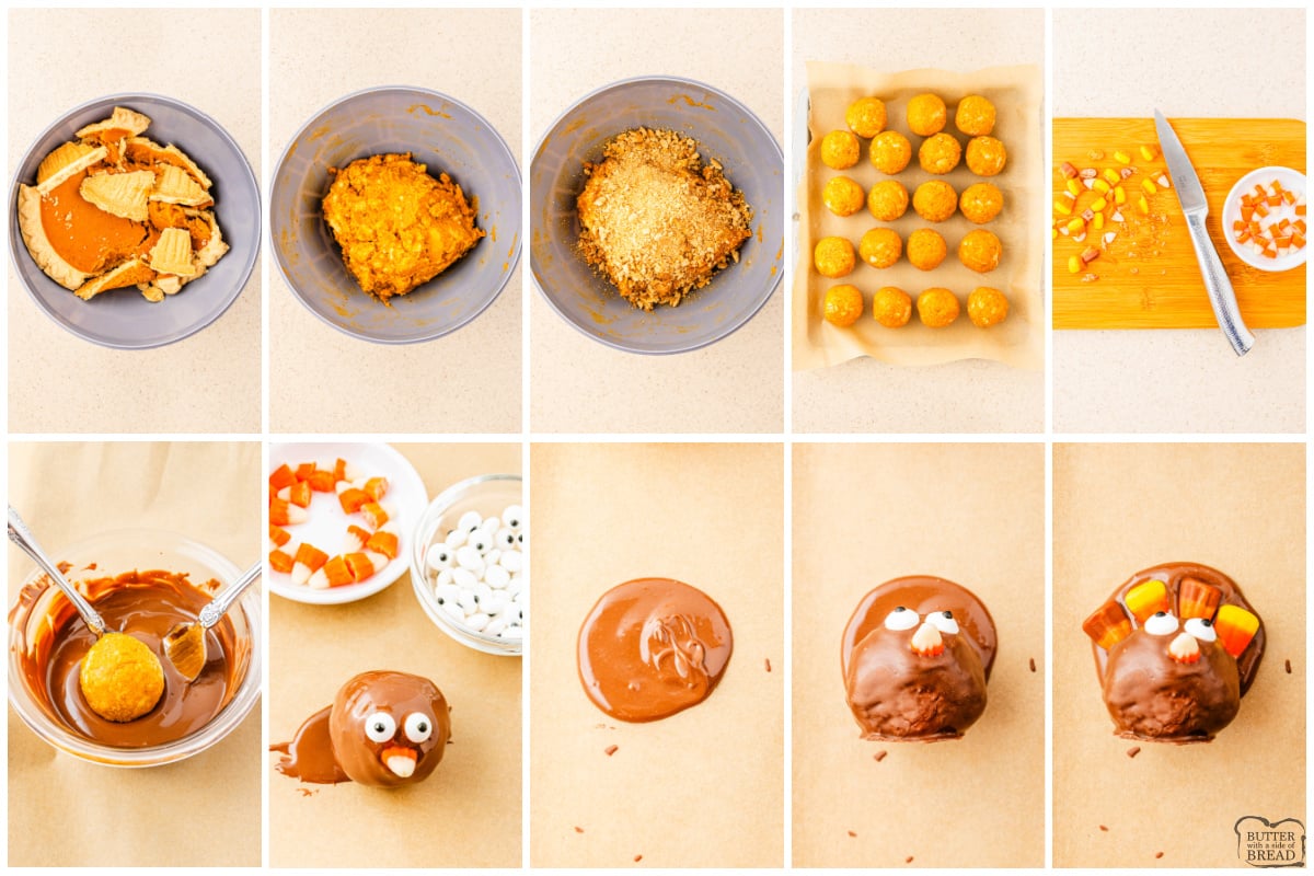 Step by step instructions on how to make no-bake pumpkin pie balls.