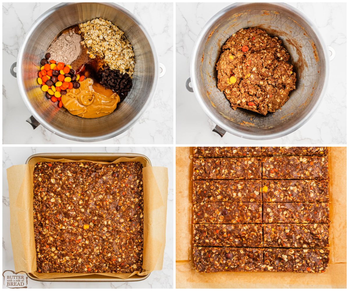 Step by step instructions on how to make No-Bake Reese's Protein Bars.