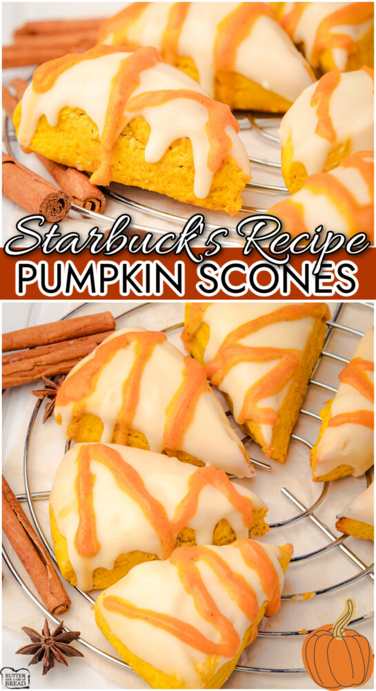 Starbucks Pumpkin Scones made with butter, sugar, flour, pumpkin puree & warm Fall spices for tender, soft scones just like Starbucks!