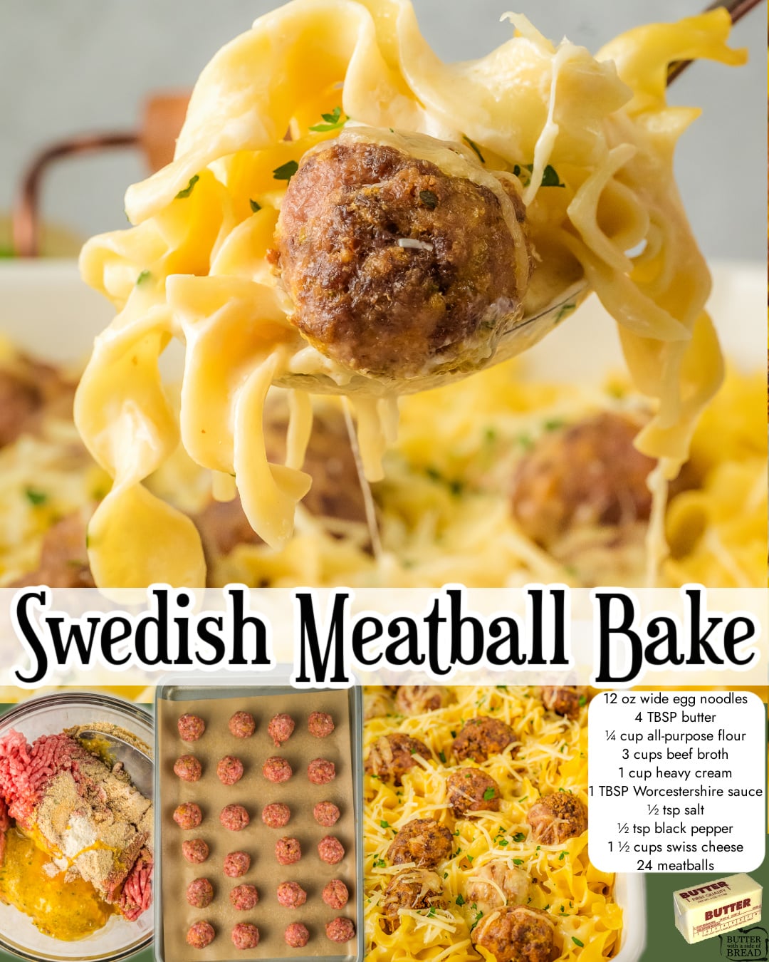 Swedish Meatball Pasta Bake made with beef & pork meatballs with fantastic seasoning in a creamy, beefy sauce served over hot noodles and cheese!
