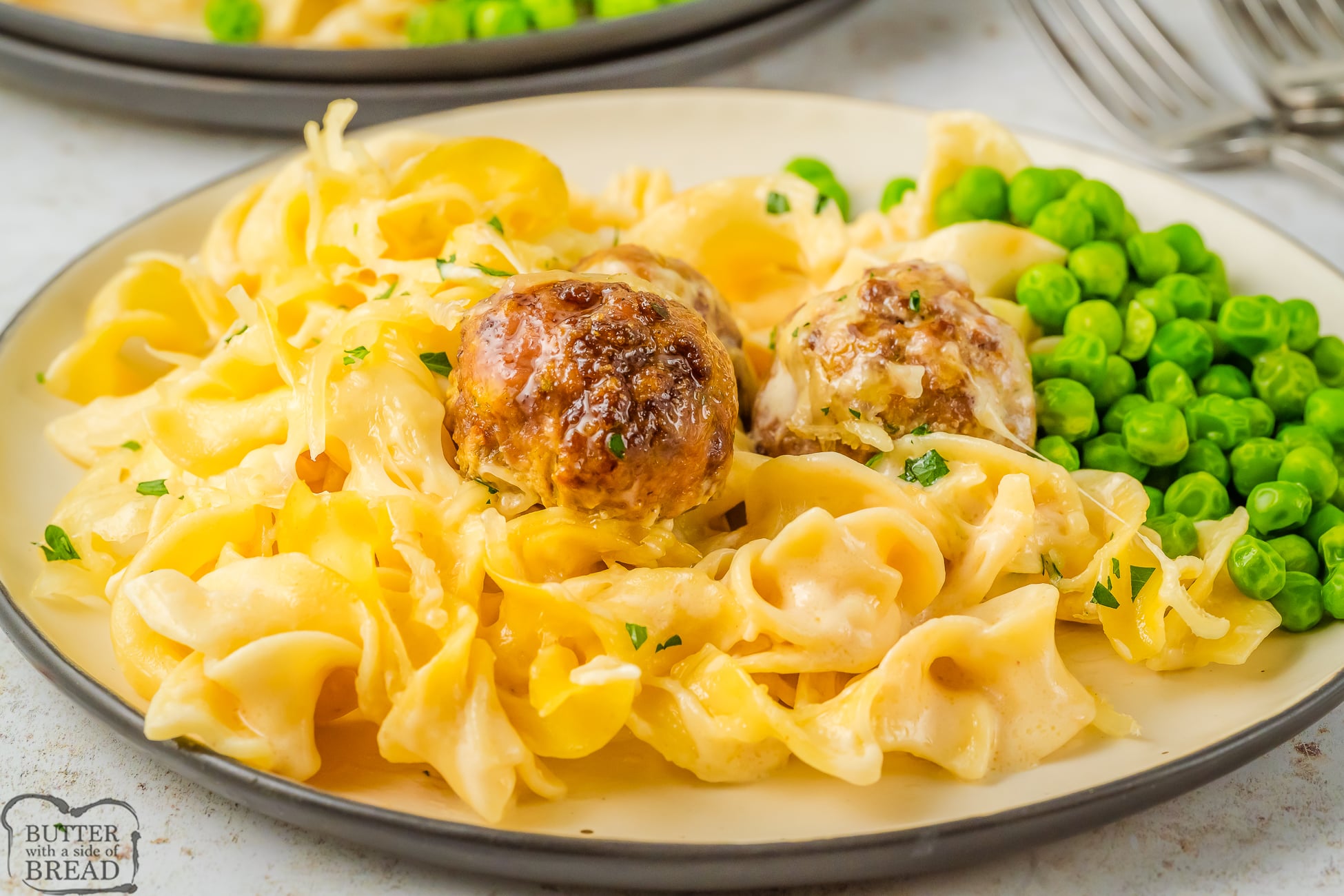 serving of swedish meatball noodle bake on a plate for dinner