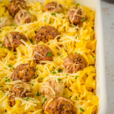 swedish meatball casserole in a baking pan