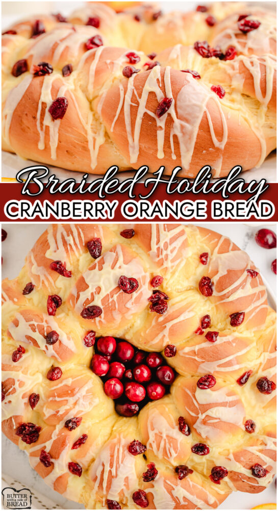 Braided Orange Holiday Bread is a soft, feathery yeast bread dough with lovely citrus flavor braided into a wreath and topped with a sweet orange glaze & dried cranberries!