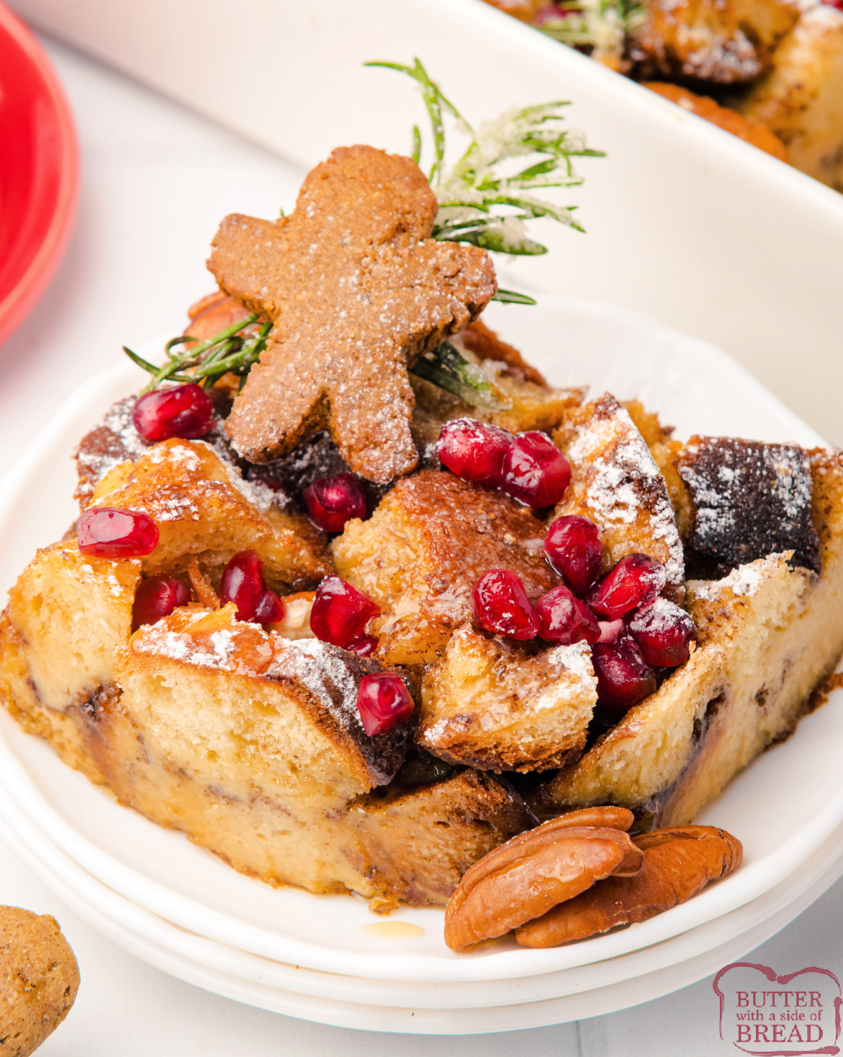 Close-up of Gingerbread French Toast Casserole showing soft brioche cubes and gingerbread spices.
