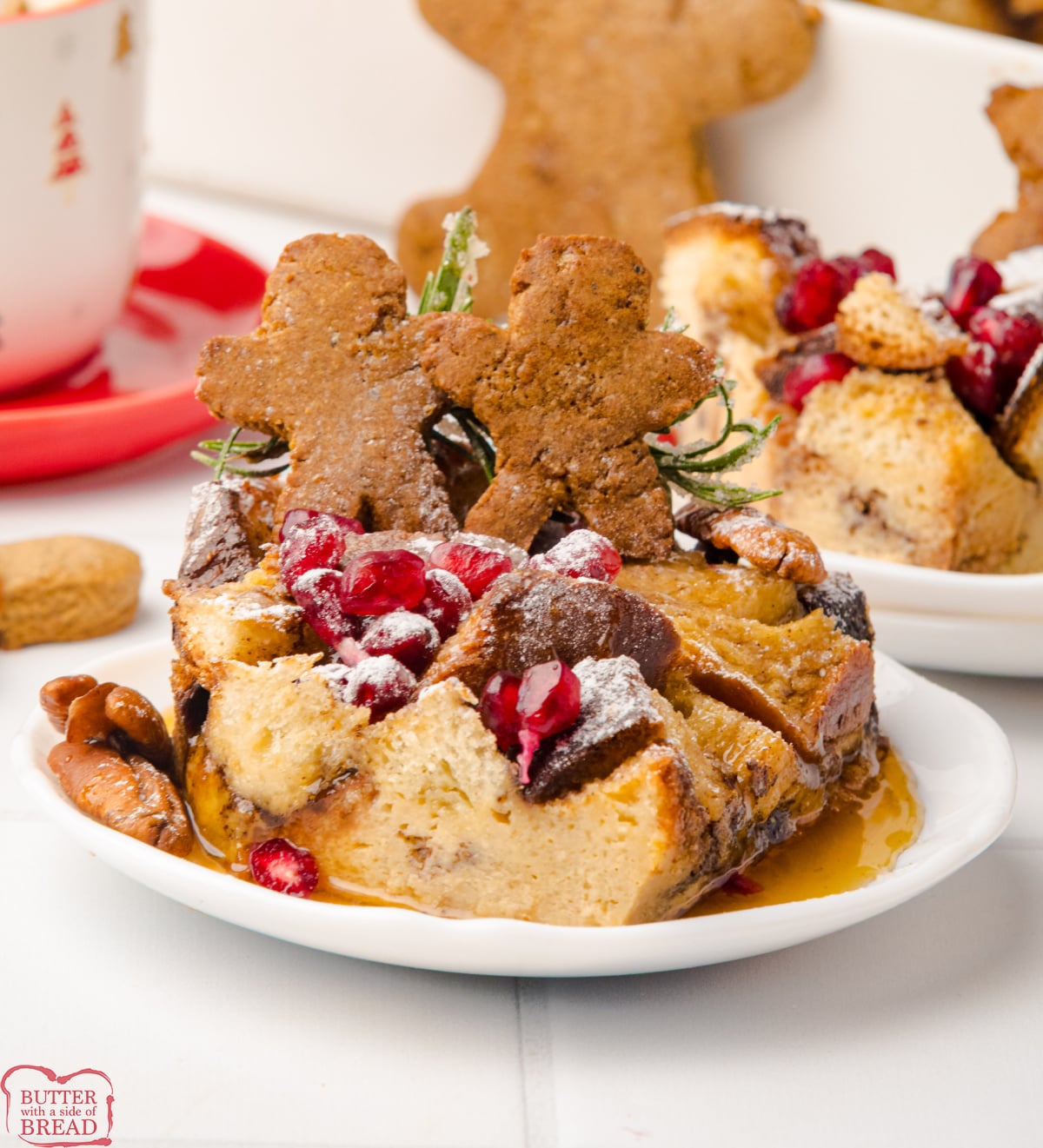 Baked Gingerbread French Toast Casserole with a golden brown top and festive holiday toppings.