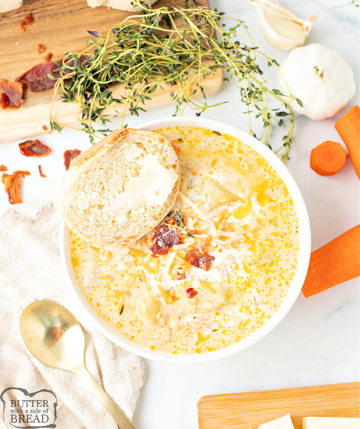 Homemade chicken potato soup in a bowl, perfect for a cozy dinner.