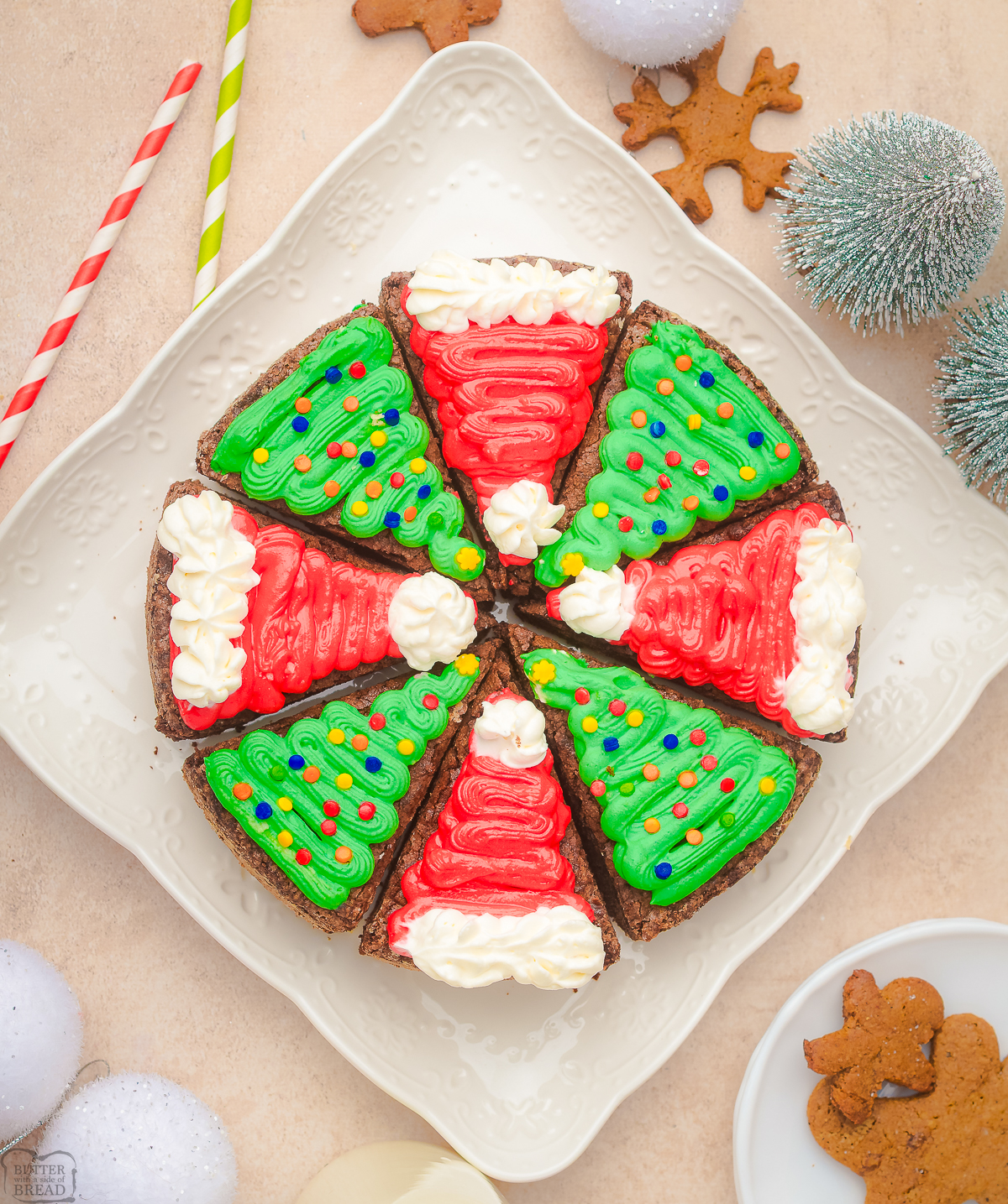 Christmas brownies with Santa hats and Christmas trees