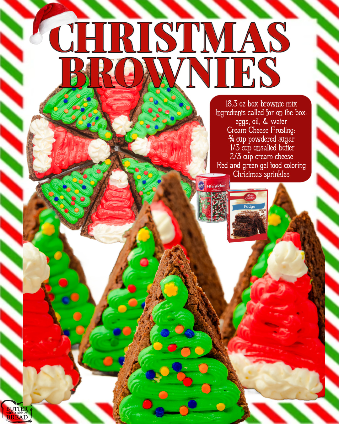 Christmas Brownie Wedges made from a brownie mix & an incredible cream cheese frosting for darling, festive Christmas tree & Santa hat brownies!