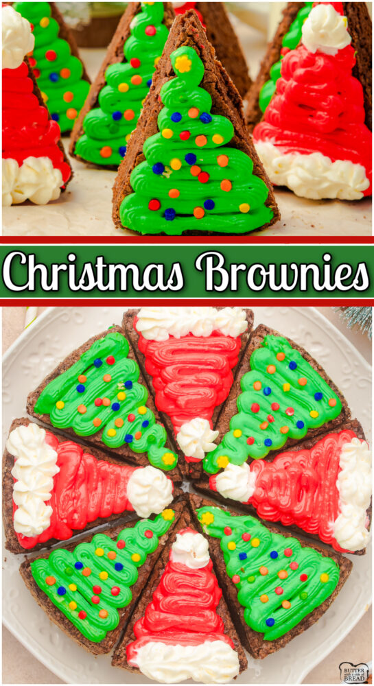 Christmas Brownie Wedges made from a brownie mix & an incredible cream cheese frosting for darling, festive Christmas tree & Santa hat brownies!