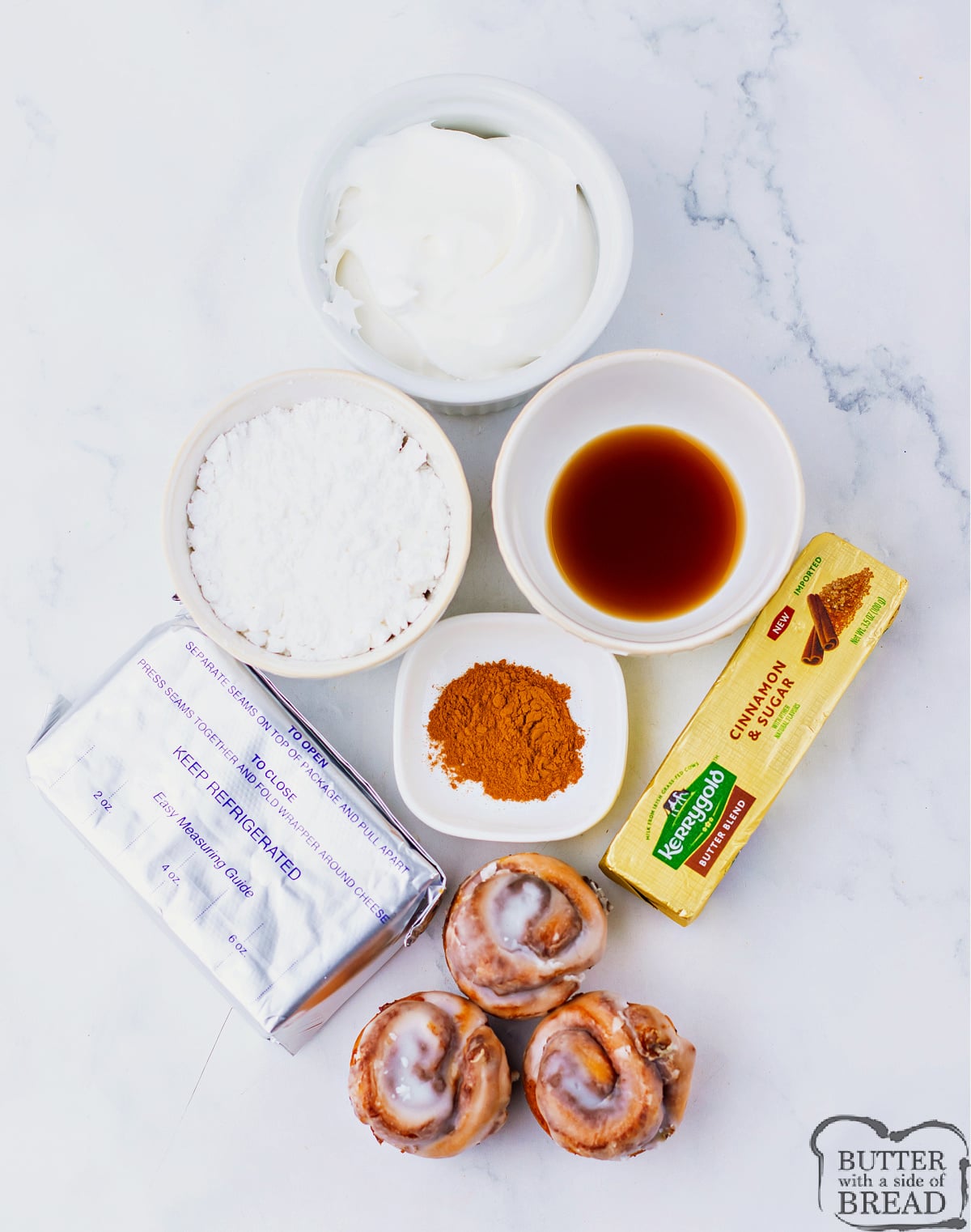 Ingredients in Cinnamon Roll Dip recipe.