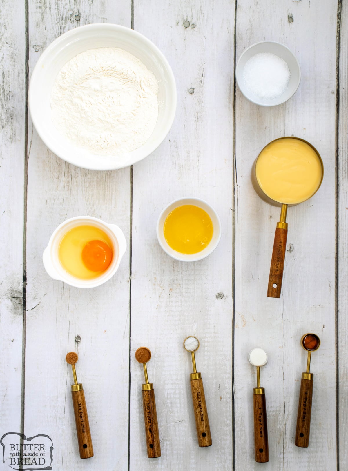 Ingredients in Eggnog Pancakes recipe.