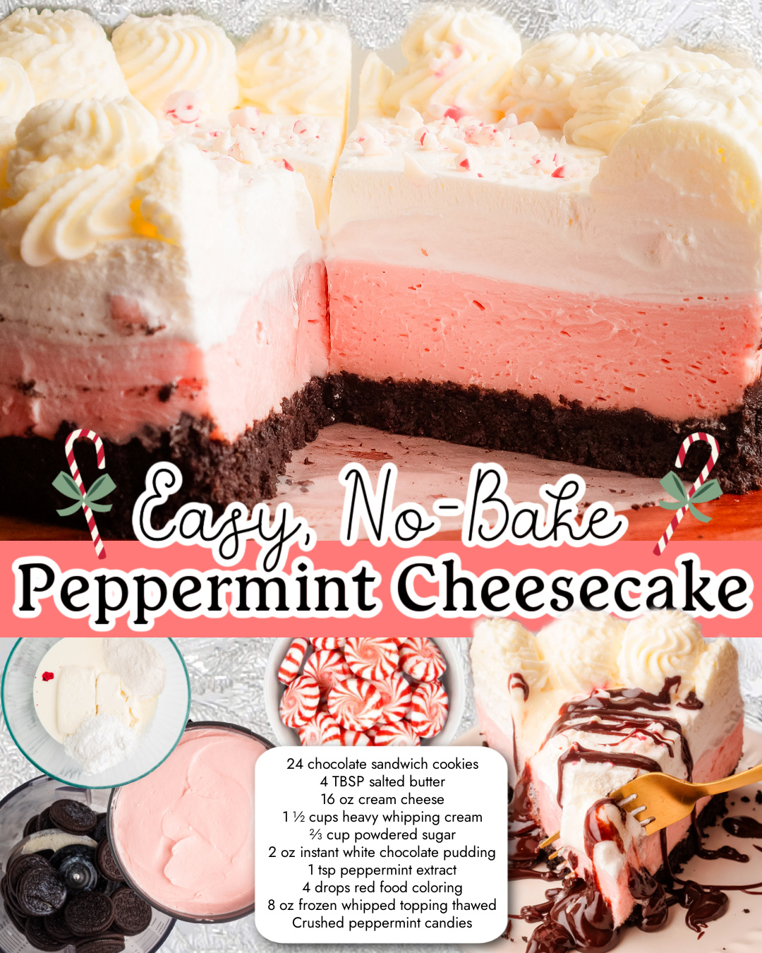 No-Bake Peppermint Cheesecake made easy with a cookie crust, a sweetened cream cheese & white chocolate pudding filling, all topped with whipped topping & crushed peppermint candy!