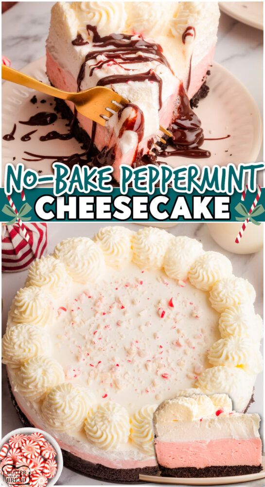 No-Bake Peppermint Cheesecake made easy with a cookie crust, a sweetened cream cheese & white chocolate pudding filling, all topped with whipped topping & crushed peppermint candy!