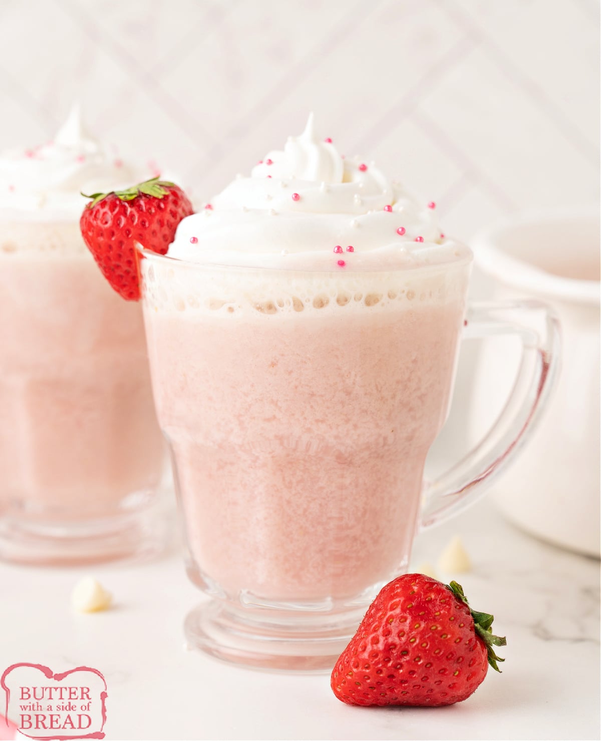 Strawberry hot chocolate made with real strawberries and white chocolate.