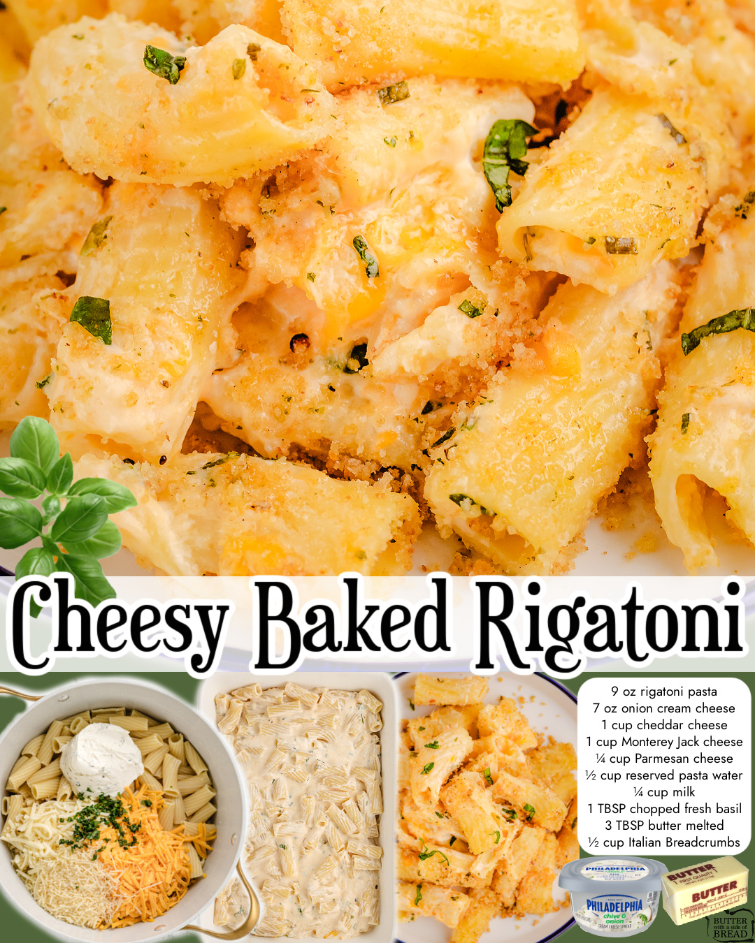 Simple Cheesy Baked Rigatoni with a simple cream sauce, 4 types of cheese, topped with buttery breadcrumbs & baked until hot and bubbly!