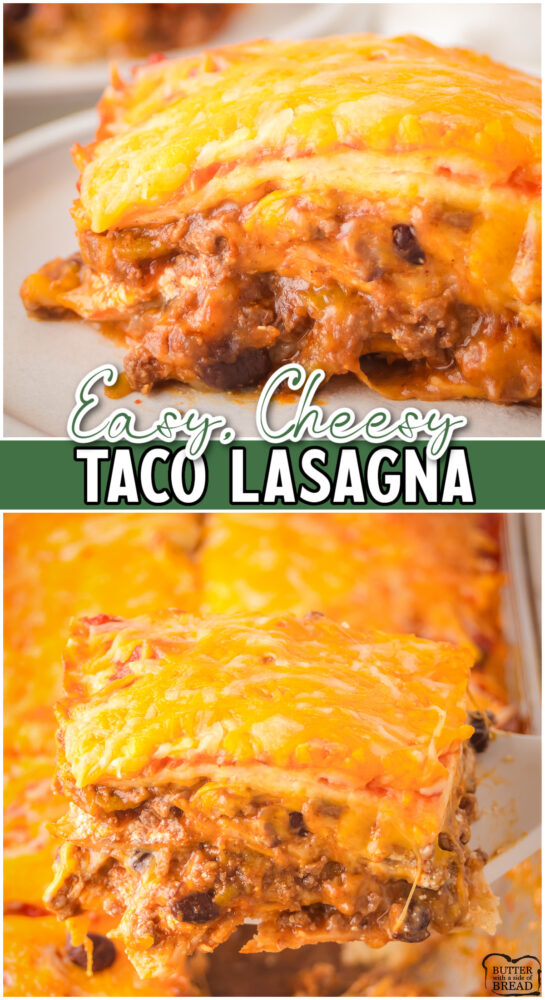 Beef Taco Casserole made with green chilis, black beans, salsa, sour cream all combined with ground beef, cheese & layered with flour tortillas!