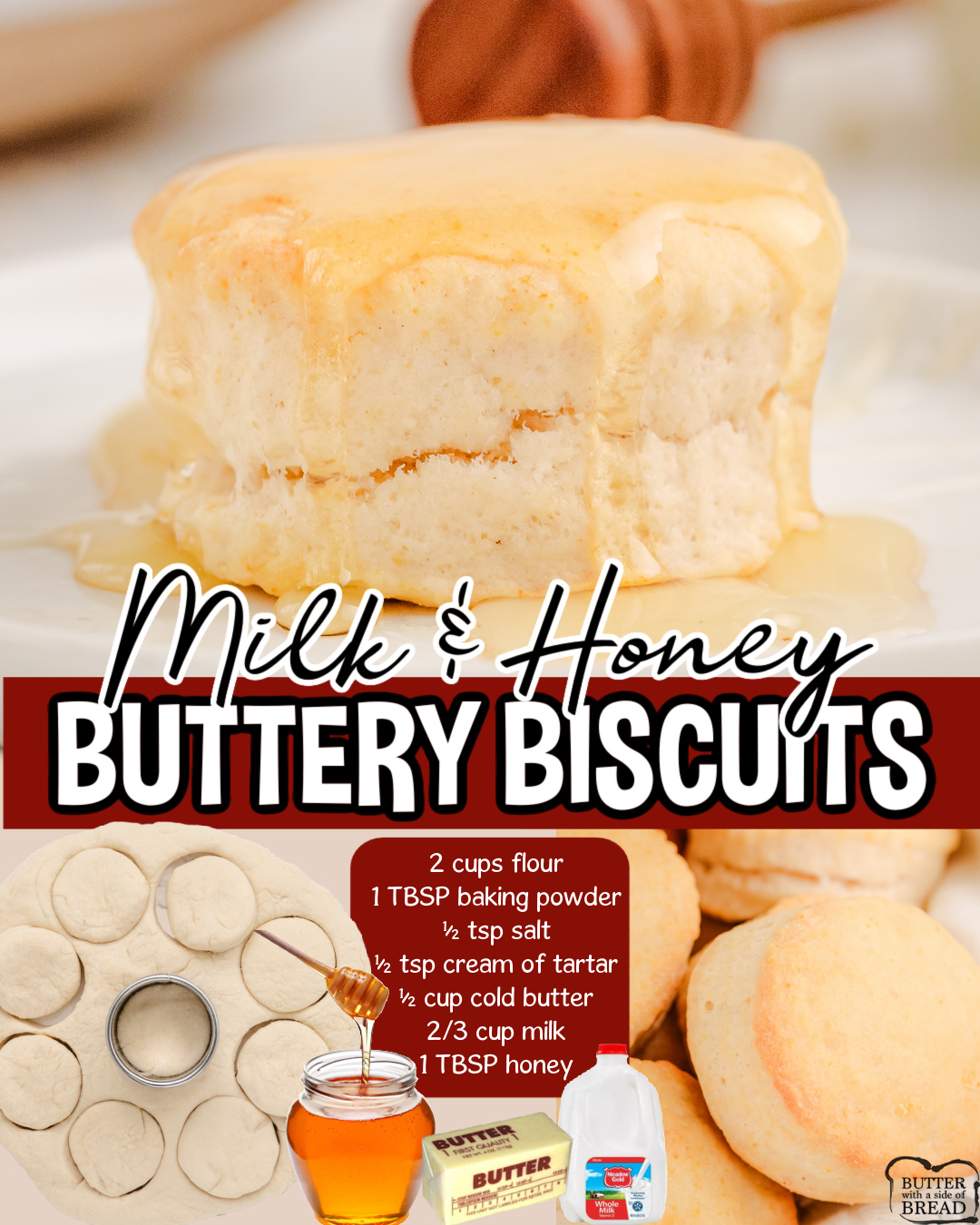 Warm, flaky Milk & Honey Biscuits made with flour, baking powder, salt, butter, milk, honey & cream of tartar! Light, buttery biscuits with fantastic flavor perfect for serving alongside any meal.