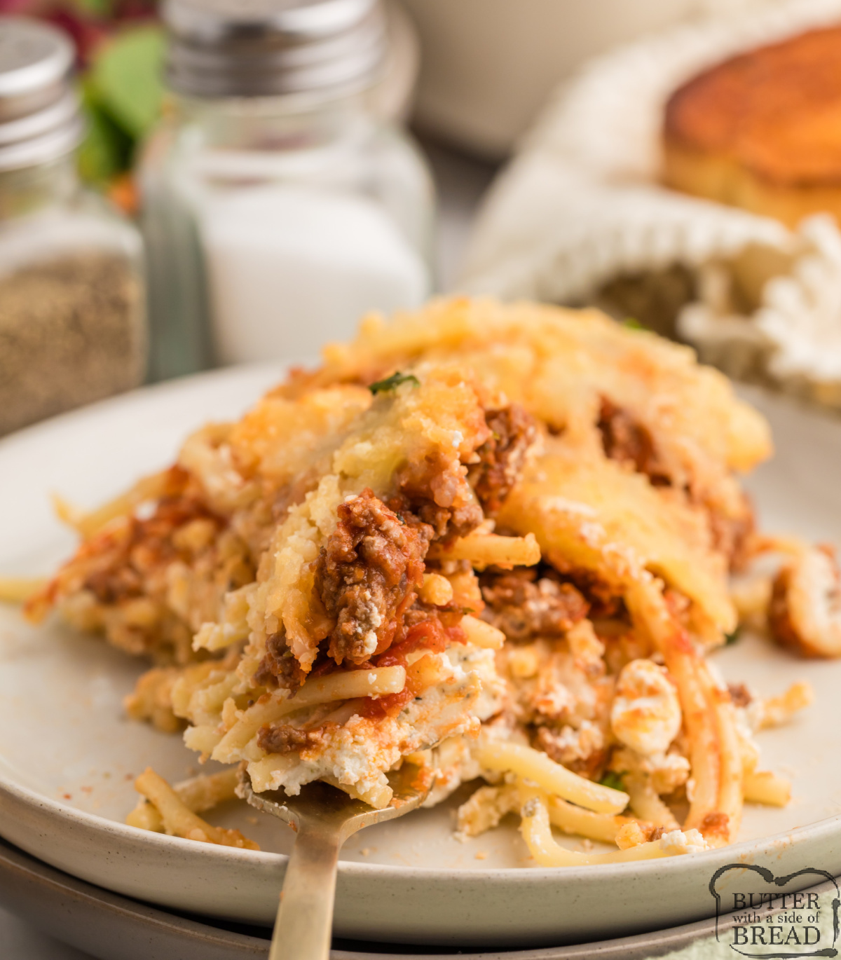 Close-up of cheesy million dollar spaghetti bake.
