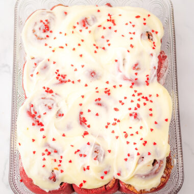 pan of red velvet cinnamon rolls that we made with a cake mix