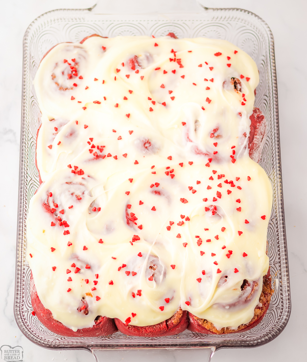 pan of red velvet cinnamon rolls that we made with a cake mix