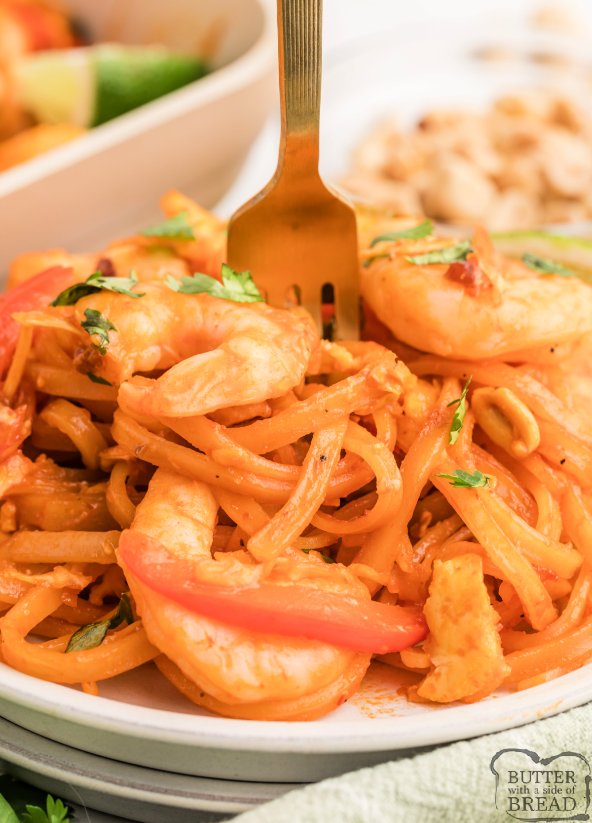 One-pan shrimp pad thai with rice noodles and pad thai sauce.