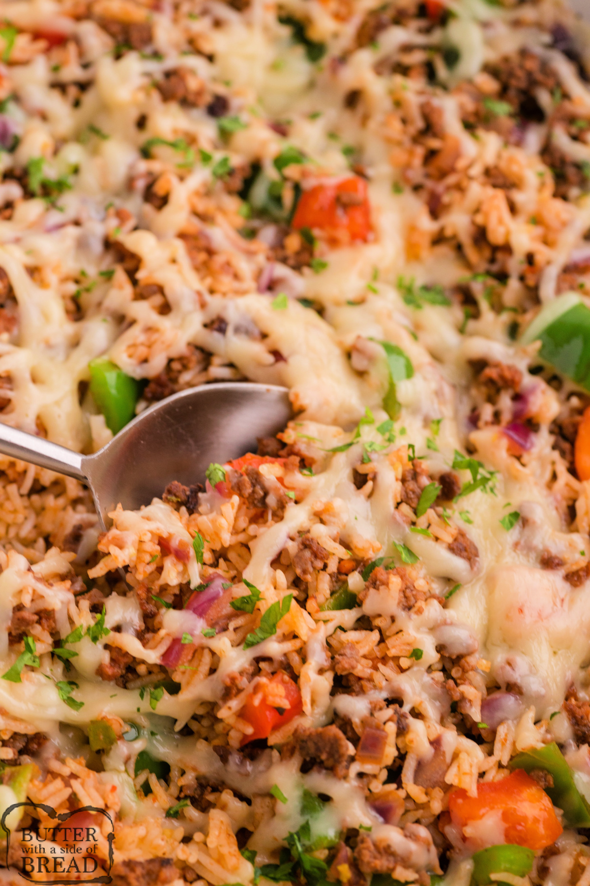 Close-up of Unstuffed Pepper Skillet made with cheese, ground beef, and peppers.