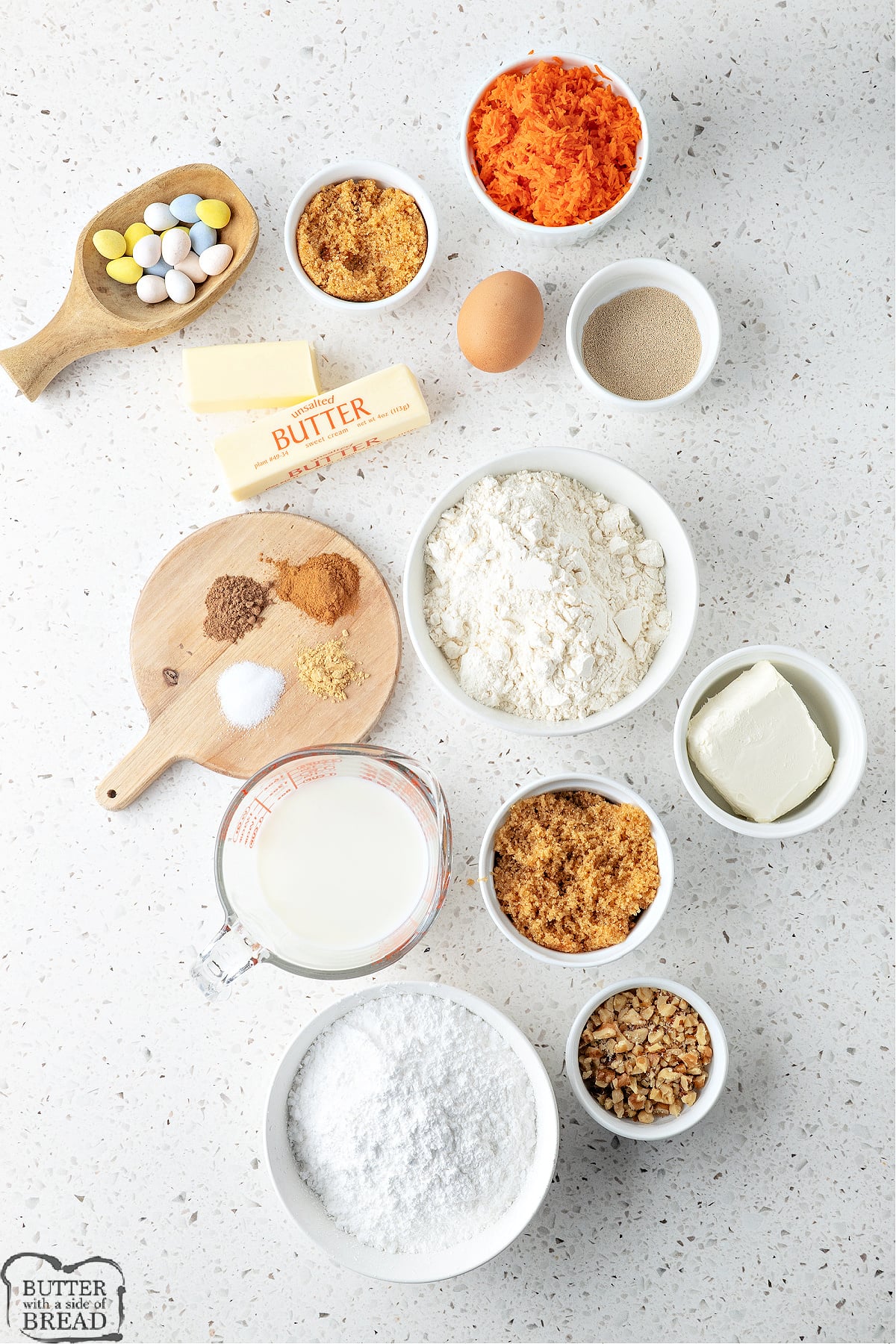 Ingredients in Carrot Cake Cinnamon Rolls recipe.