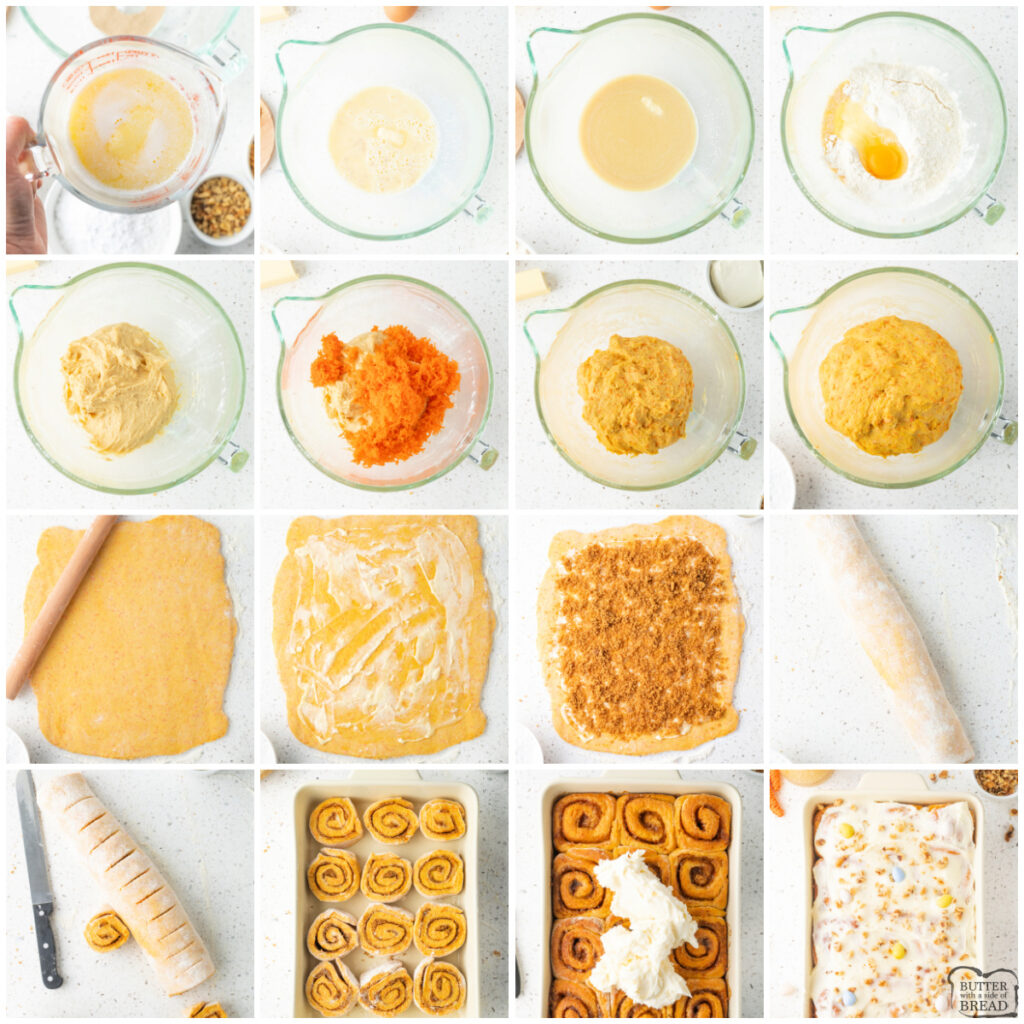 Step by step instructions on how to make Carrot Cake Cinnamon Rolls.
