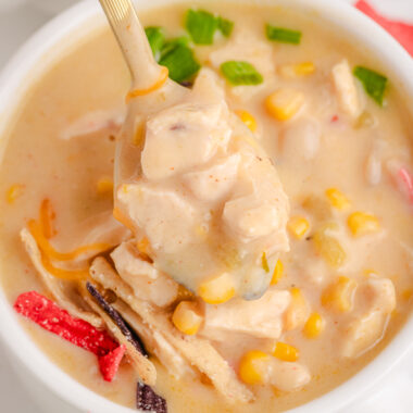 chicken tortilla chowder being eaten with a spoon