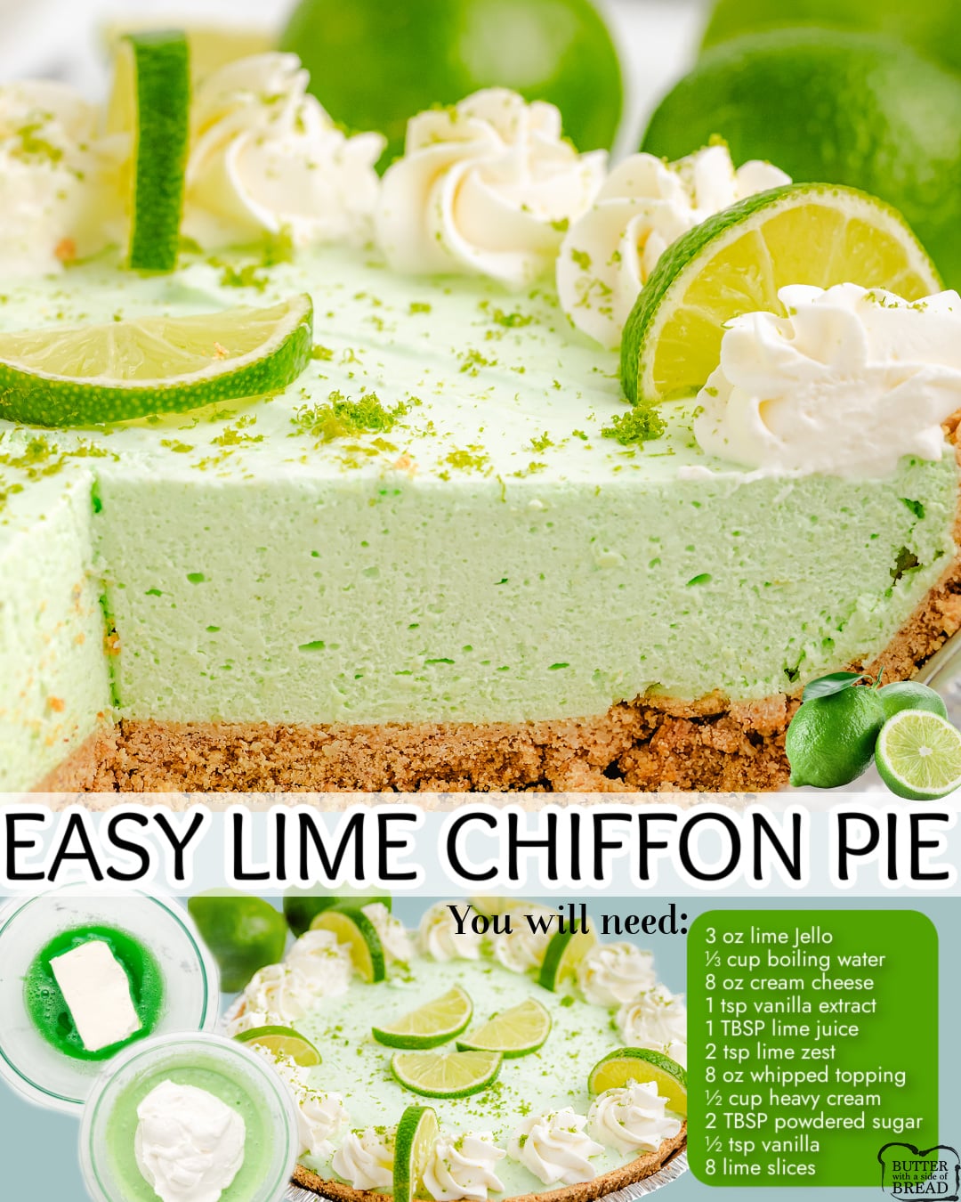 Lime Chiffon Pie made easy with lime Jello, cream cheese, fresh limes & whipped topping. Simple, refreshing cream pie with fantastic lime flavor!