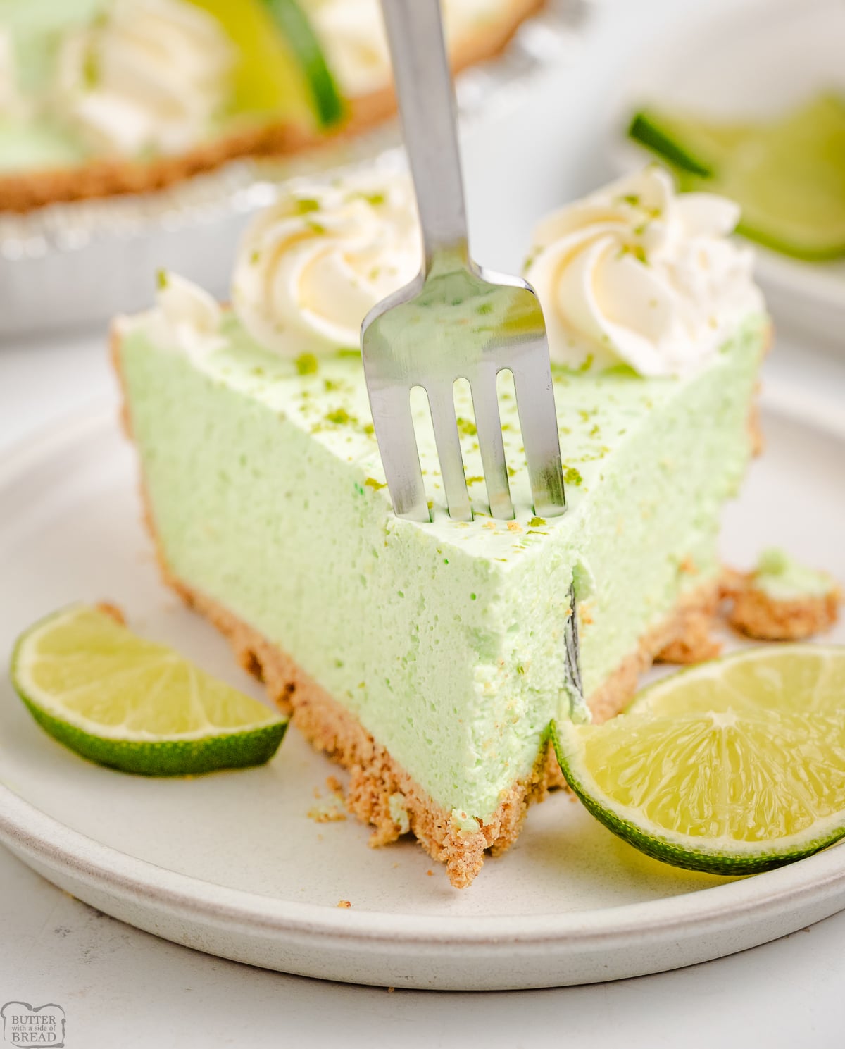 taking a bite of lime chiffon pie