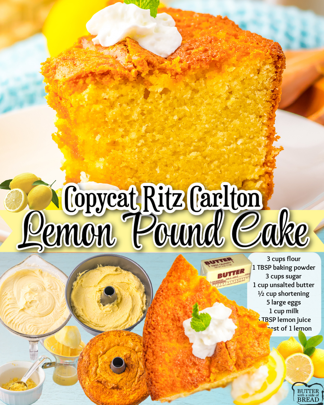 Ritz Carlton Lemon Poundcake made with butter, eggs, milk, sugar & fresh lemon zest for a rich, moist cake with a perfect melt in your mouth crackle crust! Buttery pound cake made famous from the Ritz Carlton hotels!