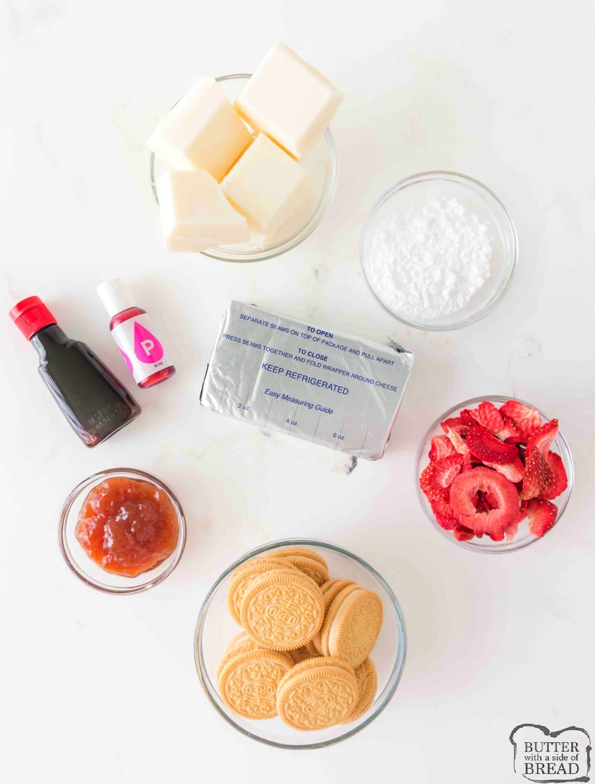 Ingredients in Strawberry Cheesecake Truffles.