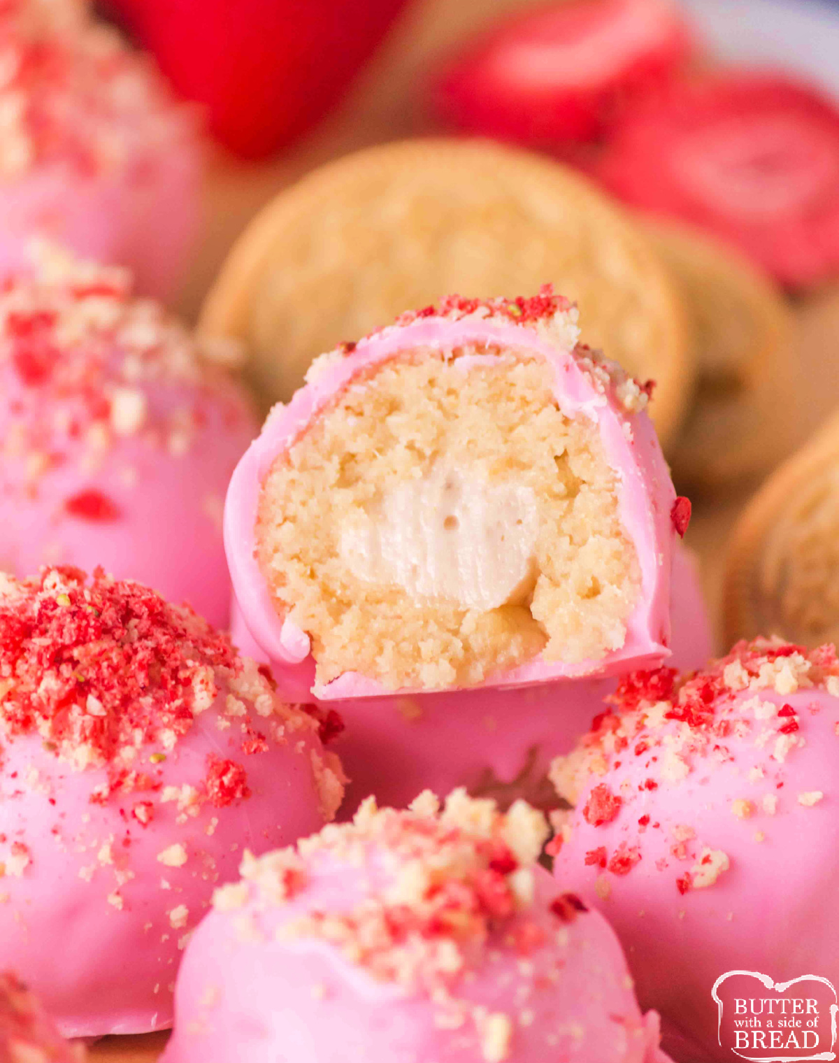 Strawberry cheesecake truffles made with Golden Oreos and white chocolate.