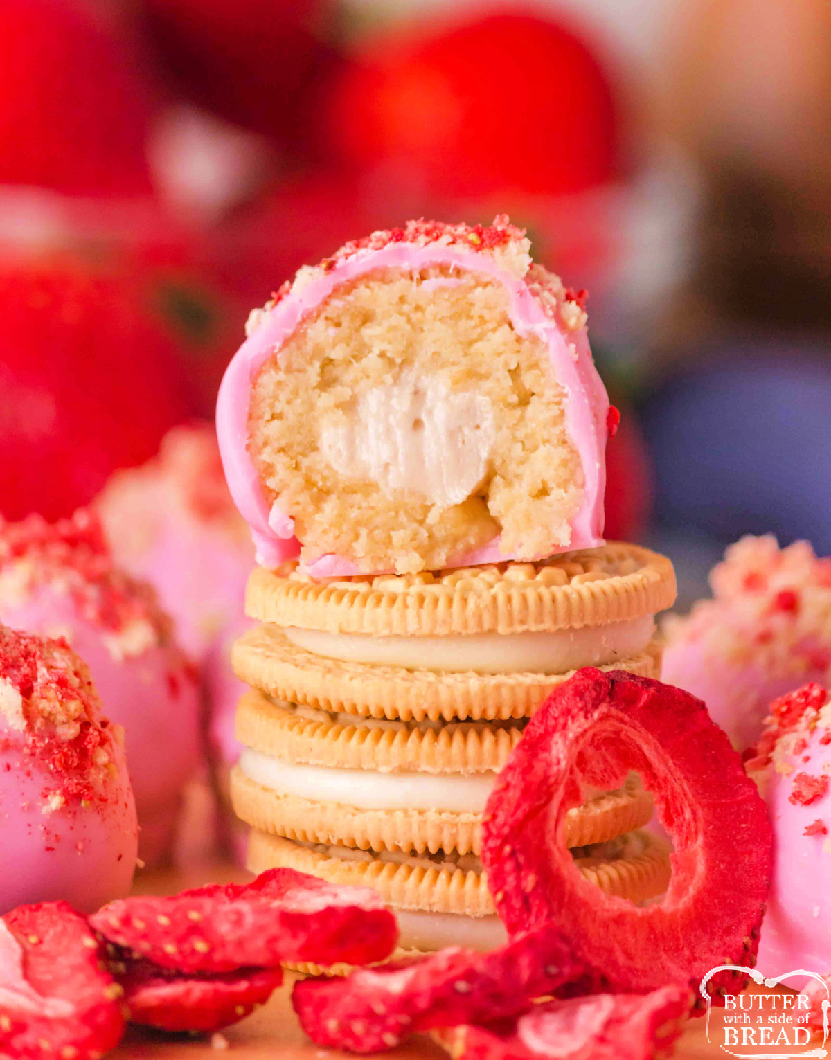 Strawberry cheesecake truffles made with Golden Oreos and white chocolate.