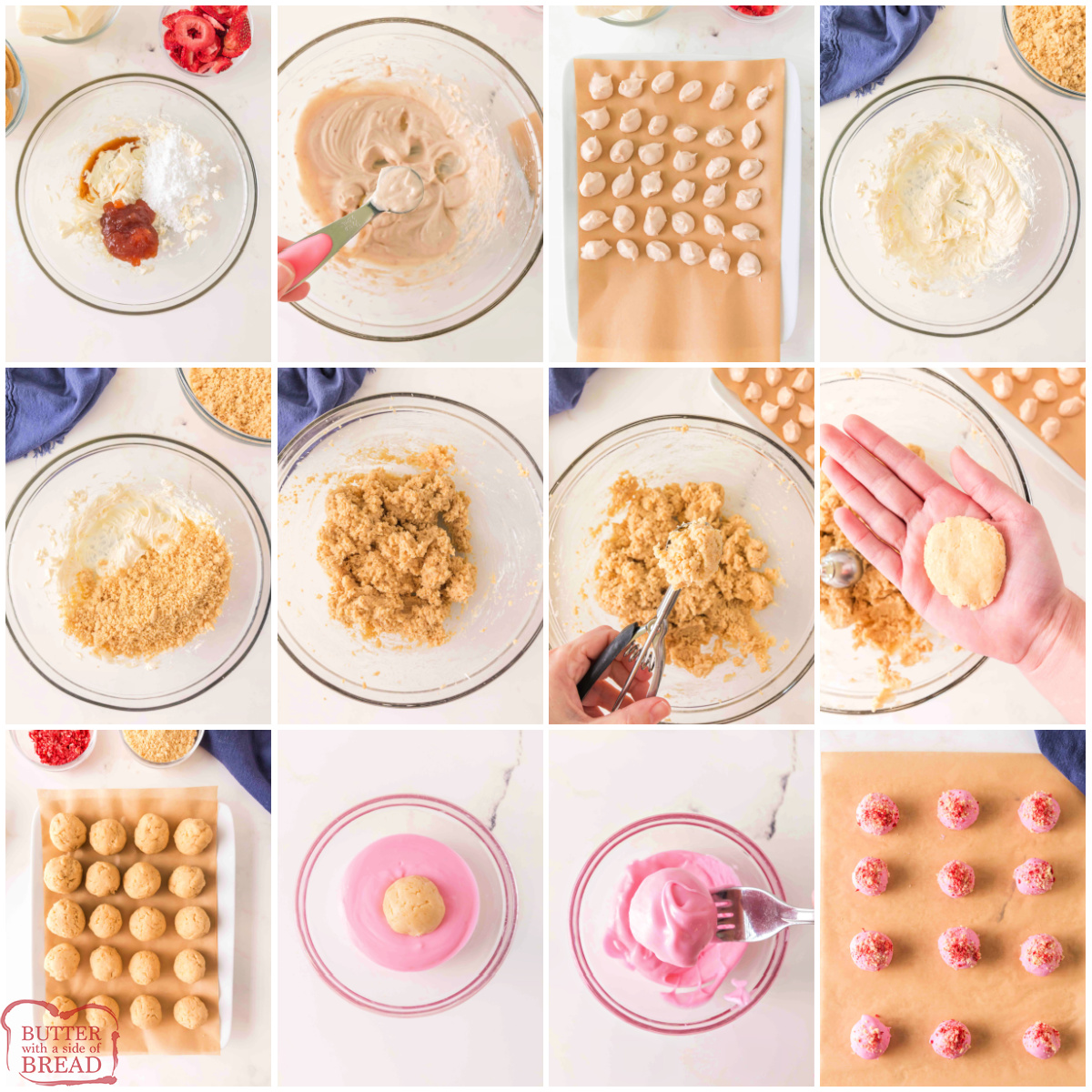 Step by step instructions on how to make no-bake Strawberry Cheesecake Truffles.