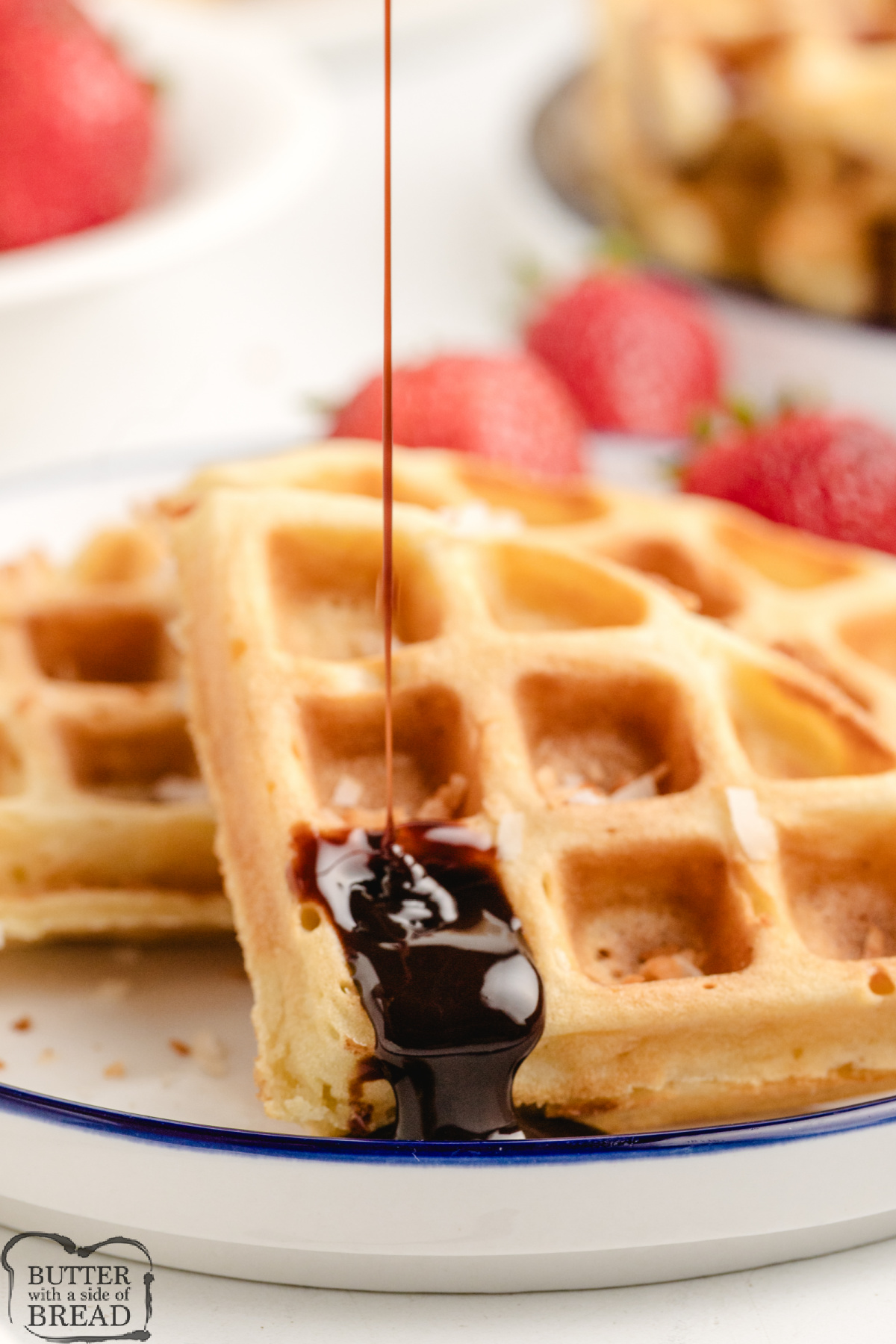 Coconut waffles on a white plate topped with a chocolate drizzle.
