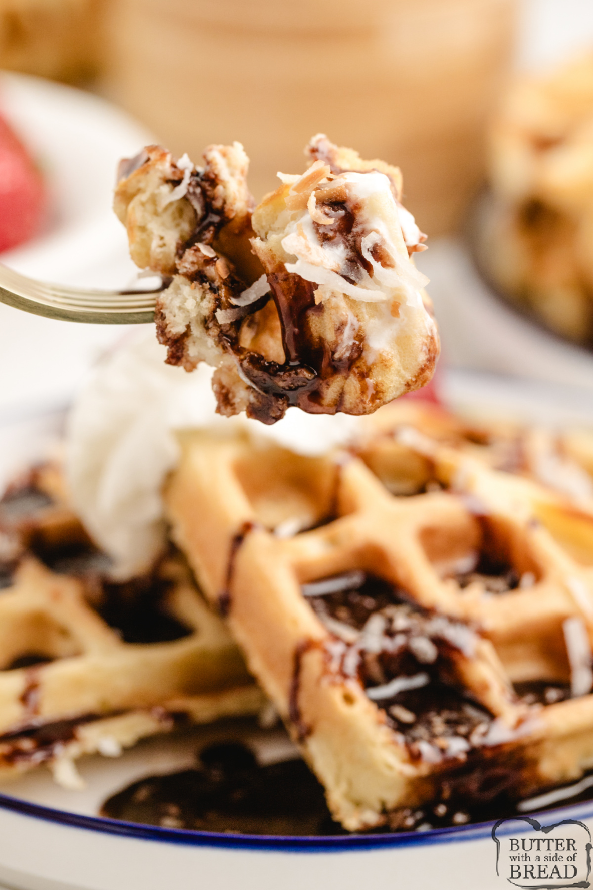 Easy coconut waffle recipe with coconut milk, coconut extract, and flaked coconut for a tropical breakfast.