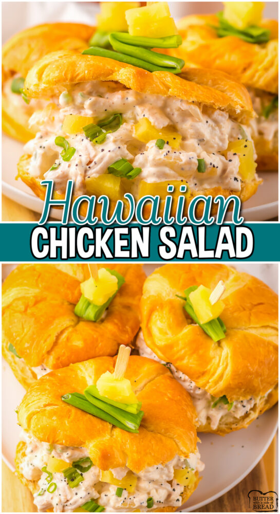 Hawaiian Chicken Salad made with tender chicken, pineapple, macadamia nuts & celery, all in a tangy, creamy dressing.