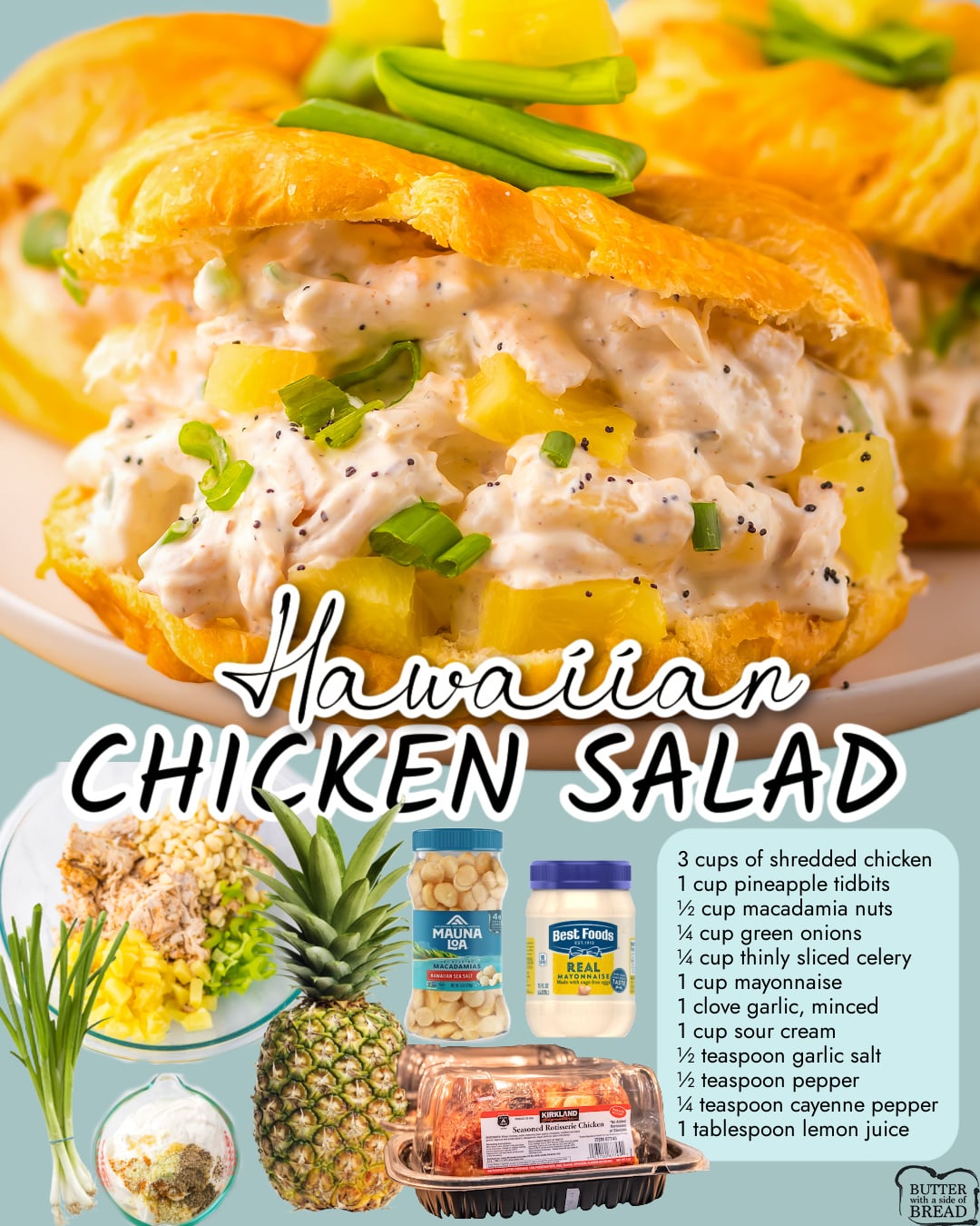 Hawaiian Chicken Salad made with tender chicken, pineapple, macadamia nuts & celery, all in a tangy, creamy dressing.