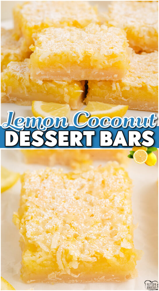 Lemon Coconut Bars made with a shortbread crust then topped with a simple, tangy lemon filling & sweet coconut! Perfect variation on a classic lemon bar!
