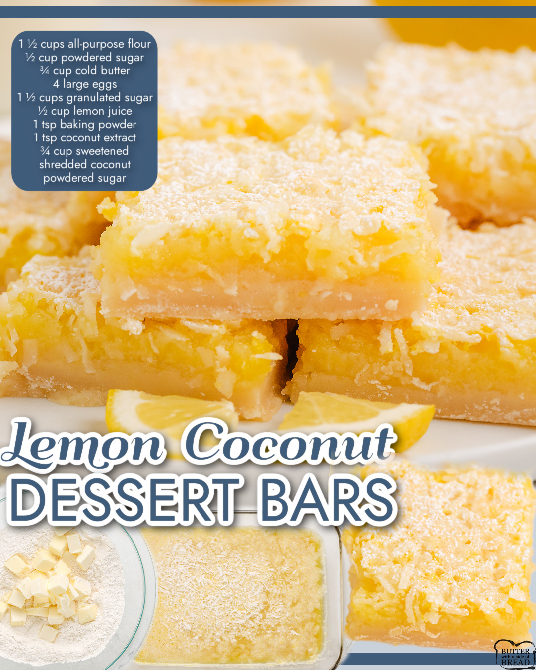 Lemon Coconut Bars made with a shortbread crust then topped with a simple, tangy lemon filling & sweet coconut! Perfect variation on a classic lemon bar!