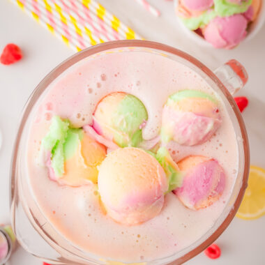 rainbow sherbet scoops on top of an easy 3 ingredients Sprite punch
