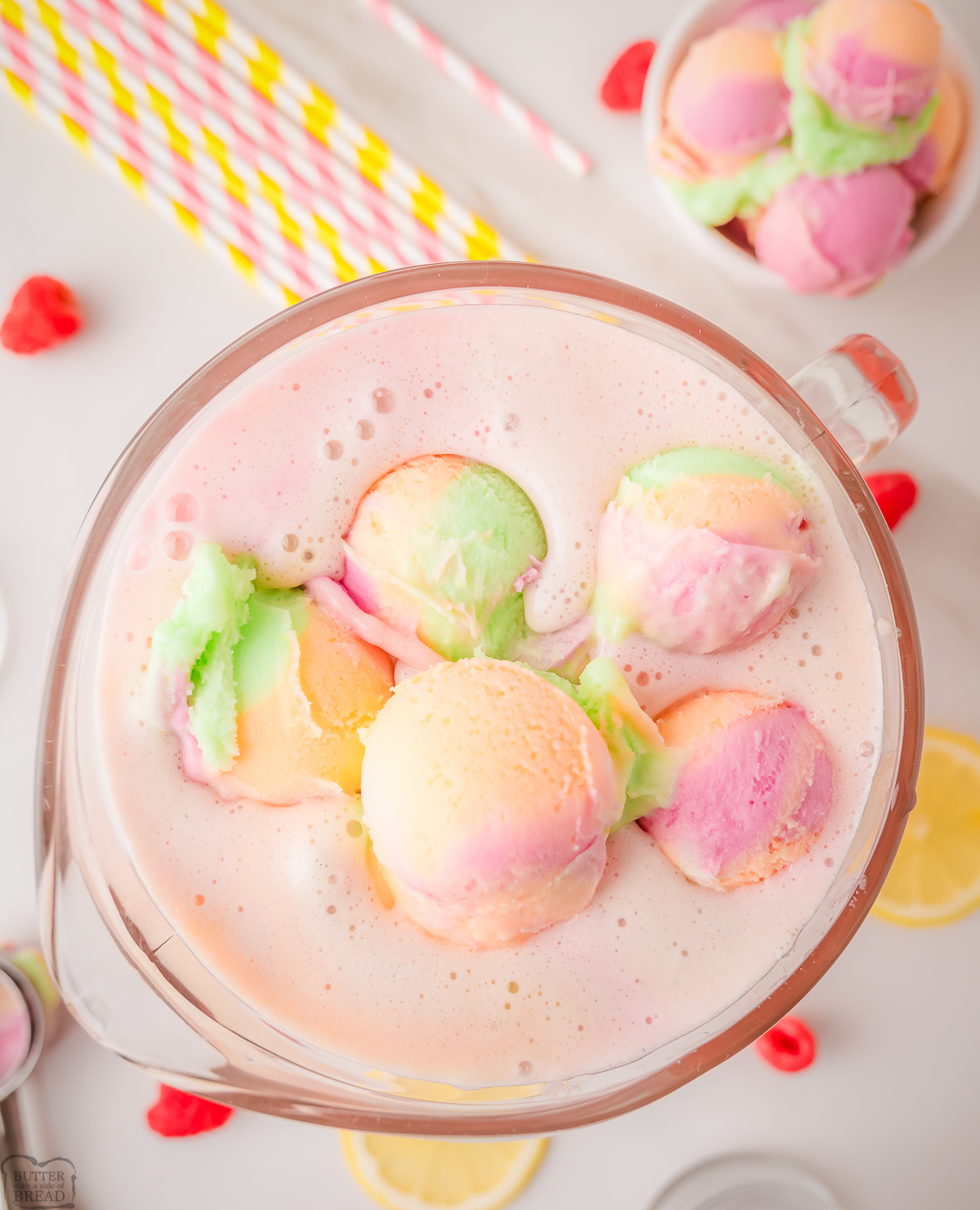 rainbow sherbet scoops on top of an easy 3 ingredients Sprite punch