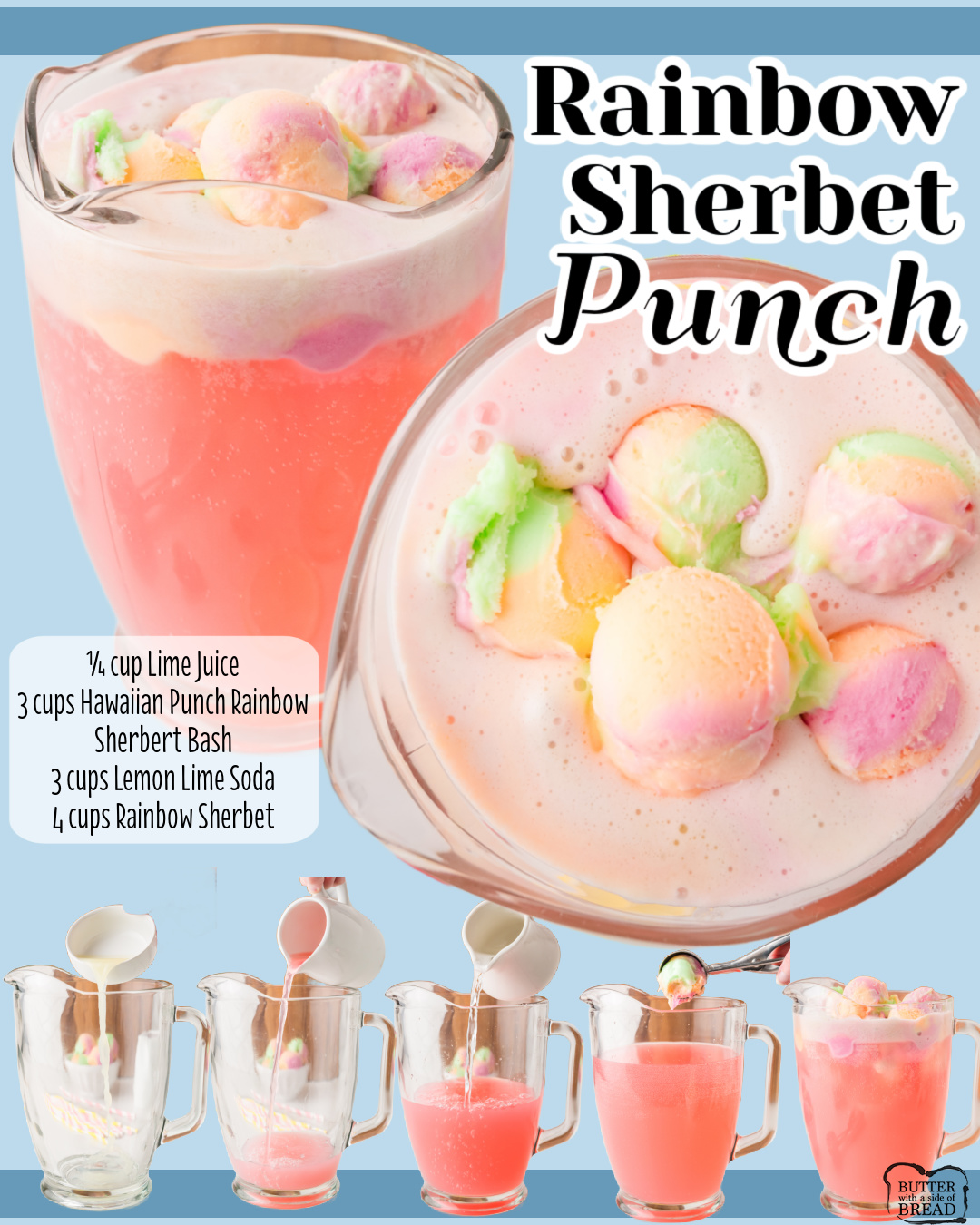 Rainbow Sherbet Punch is a fun, festive & tasty punch recipe perfect for parties! Hawaiian Punch, lime juice, Sprite and Rainbow Sherbet stirred together for a creamy, fruity chilled punch! 