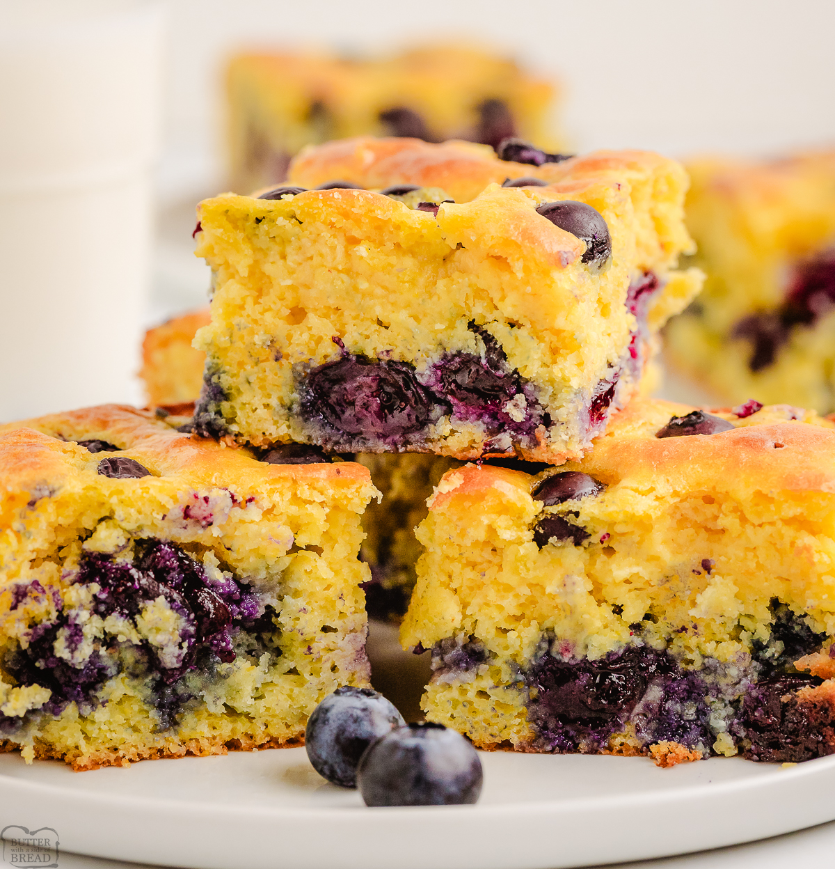 stacked pieces of blueberry cornbread