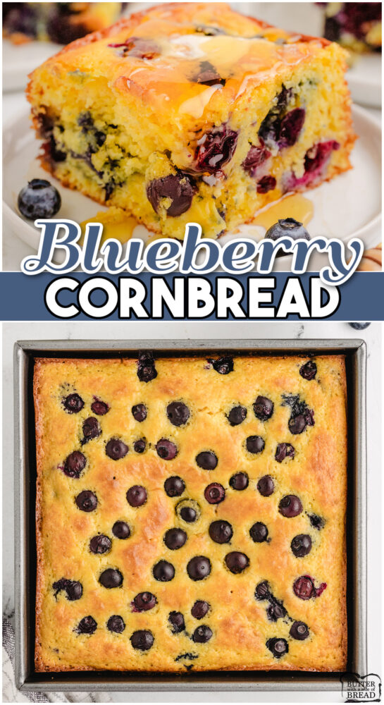 Simple Blueberry Cornbread made with a cornbread mix & yellow cake mix, eggs, milk & oil! Bright, fresh blueberries add a pop of flavor to this easy, sweet cornbread recipe.