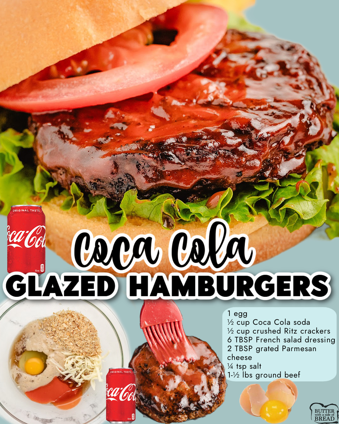 Coca Cola Burgers&nbsp;made with ground beef, Ritz crackers, an egg, French dressing, cheese & classic Coca Cola soda for a tender, flavorful cheeseburger!
